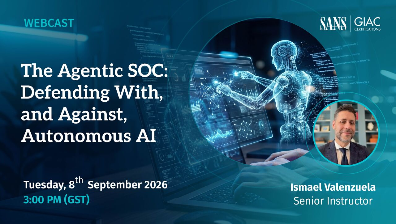 SANS webcast artwork for The Agentic SOC, featuring Ismael Valenzuela